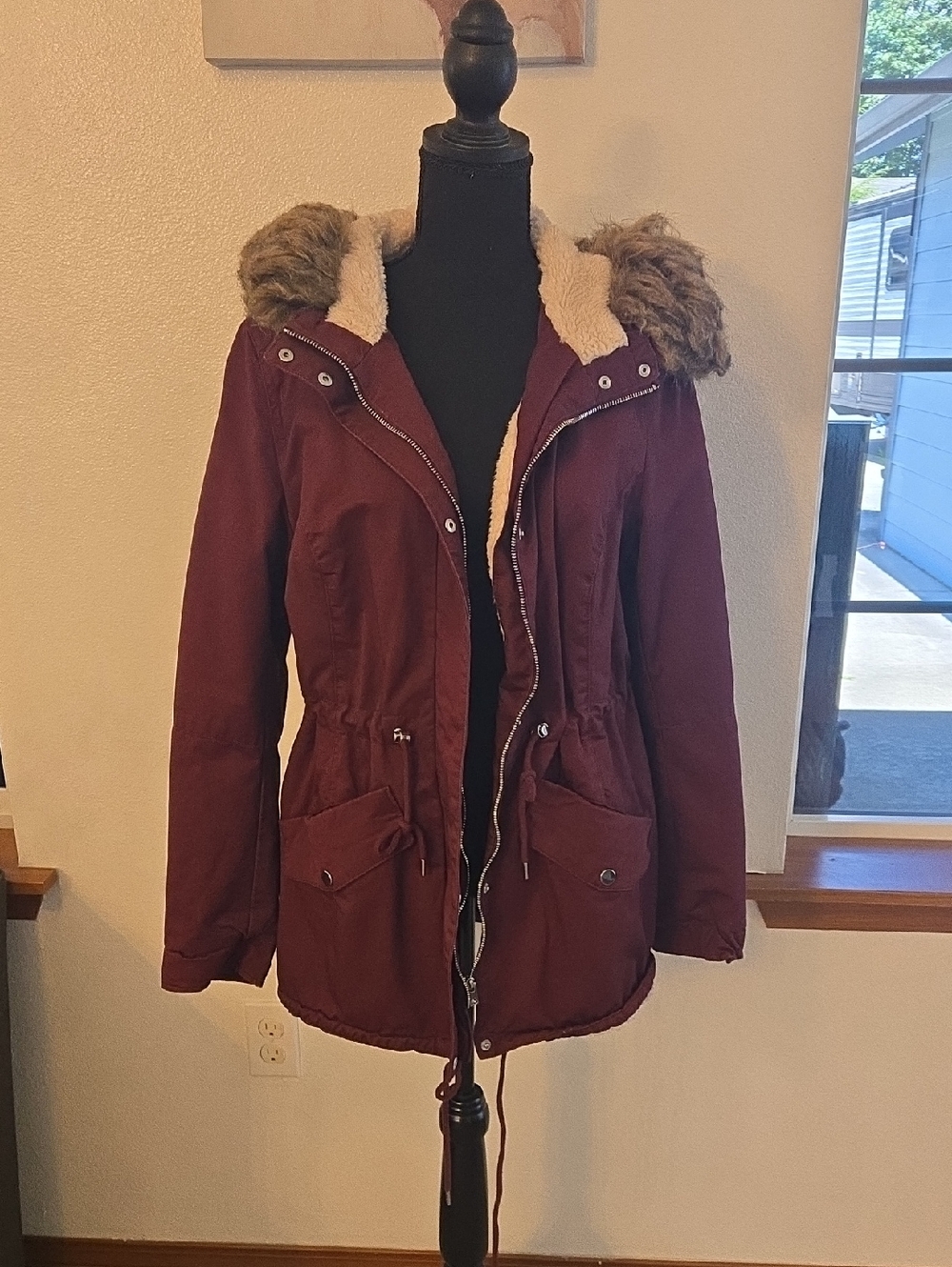 H&M Burgundy Utility Jacket with Faux-Fur Trim